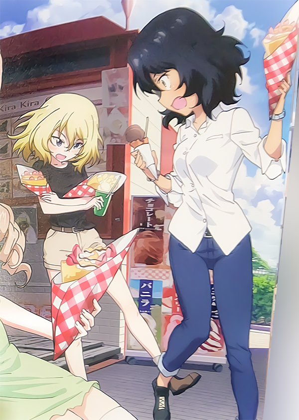 灰色服のプリン ガルパン総合アカウント Su Twitter 新たなサンプル画像で押安登場 自由学園が大洗のキラキラクレープを訪れている様子が描かれているようだ 押田と安藤が珍しく喧嘩しておらず 押田の格好がスケベである事が分かる 1月1日より予約開始 T