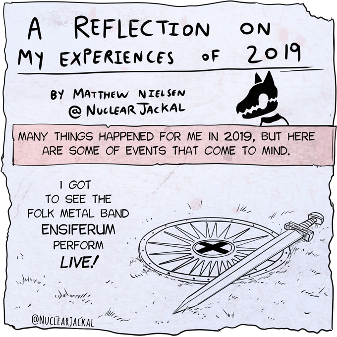 NuclearJackal's tweet photo. Here's a comic about how my 2019 went.  

Post 1 of 3 - Alternatively you can view it on Tapas https://t.co/78PumGsfOT #2019incomics 

#newyearscomic #2019reflection #newyearsevecomic #autobiocomic #illustration https://t.co/JUF4WEscox