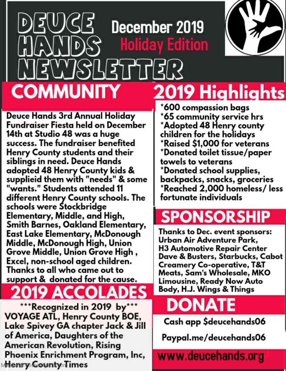 DeuceHands's tweet photo. 2019 Deuce Hands Newsletter. Check out some great highlights. @teenkidsnews @IAmSteveHarvey @NBCNews @ABCnews @HenryCountyBOE @SHAQ @VoyageATL @TheHenryHerald @FOX5Atlanta @TheEllenShow @Henry_Chamber @ugm_hcs @Tip @KeishaBottoms @LakeSpiveyGAJn #ExpectExceptionalHCS https://t.co/oYg5txflQp