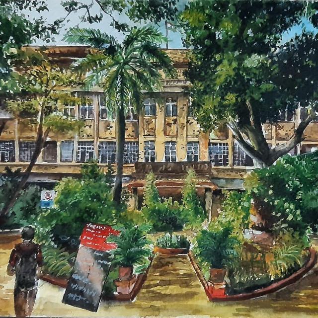 nathanirr's tweet photo. Somebody drew this incredibly detailed portrait of the front visage of Seth G. S. Medical College #GSMedical #KEM down to the grime on the paint and the broken windows https://t.co/NqDenVQJ4i