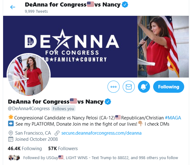 Soproncopo's tweet photo. Let's run a million followers campaign for DeAnna Lorraine @DeAnna4Congress. She is the perfect candidate to crush the dinosaur, Nancy Pelosi. It's time to rescue and rebuild probably the most beautiful city in the US. #MSFGA https://t.co/xI0Wnuc9tq