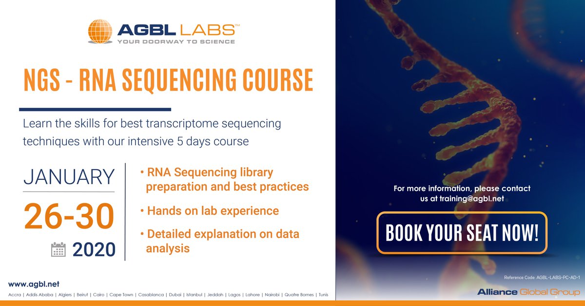 agblgroup's tweet photo. AGBL LABS will host their course NGS-RNA Sequencing on January 26-30, 2020. Learn the skills for best transcriptome #sequencing techniques with our intensive 5 days course. For more details contact us at training@agbl.net

#agbl #AGBLLABS #training #NGS #RNA #NGSSequencing https://t.co/QNrAHSgWAH