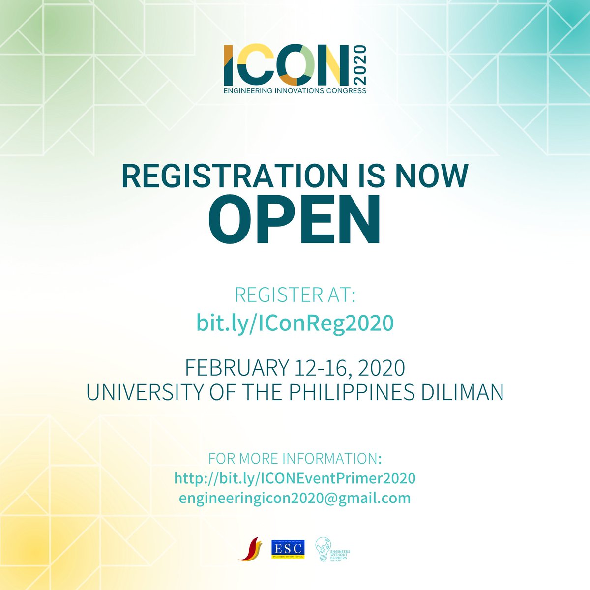 Registration is finally open!

Register now at bit.ly/IConReg2020 on or before January 10, 2020 to avail the EARLY BIRD Discount (5% Discount). For more information, read through our event primer at bit.ly/ICONEventPrime….

#ICON2020
#SustainableEngineering