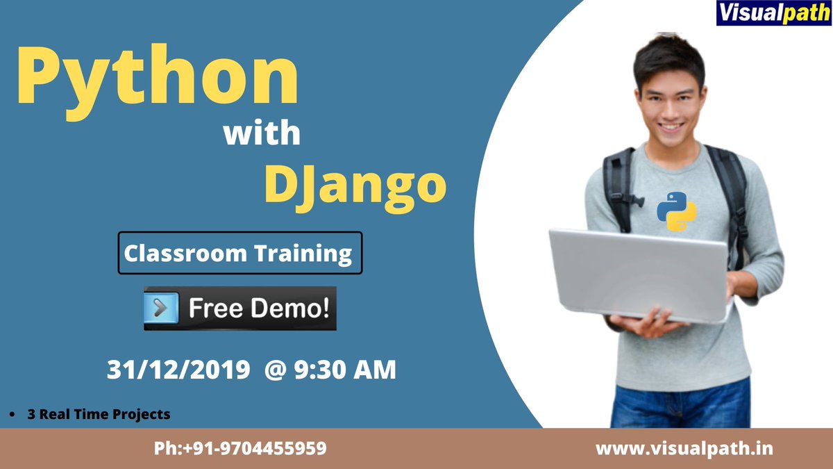 VisualpathPro's tweet image. Attend a free demo class on #Python_Django course in classroom mode at @visual_path
Date & Time: 31st Dec, 2019 - 9:30am
Contact +91 9704455959
Visit us visualpath.in/Python-Trainin…
#PythonTraining #PythonwithDjango #IndiaSupportsCAA #DoYONOyour2020
