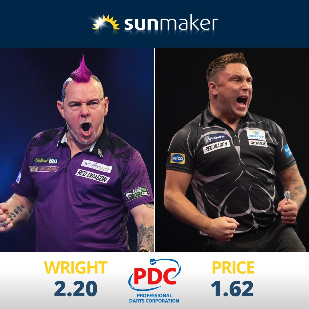 Halbfinale der Darts-WM #Snakebite Wright vs #Iceman Price. 🎯 Price ist der Geheimfavorit auf den Titel, er spielt bislang eine sehr starke Saison. 💪 Wright überraschte mit nervenstarken Auftritten - kann er auch dem Iceman den Zahn ziehen? 🤔 

#sunmaker #darts #dartswm #PDC