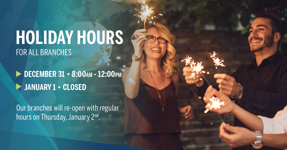 together_cu's tweet photo. For all branches: ** Our New Years holiday hours** ๐ ๐
We'll be back to normal hours on Thursday, January 2nd.
Access your account(s) any time of day with OnlineAccess or MobileAccess. https://t.co/JmDdqArQps
#togethercu https://t.co/AoRw6EkFHY