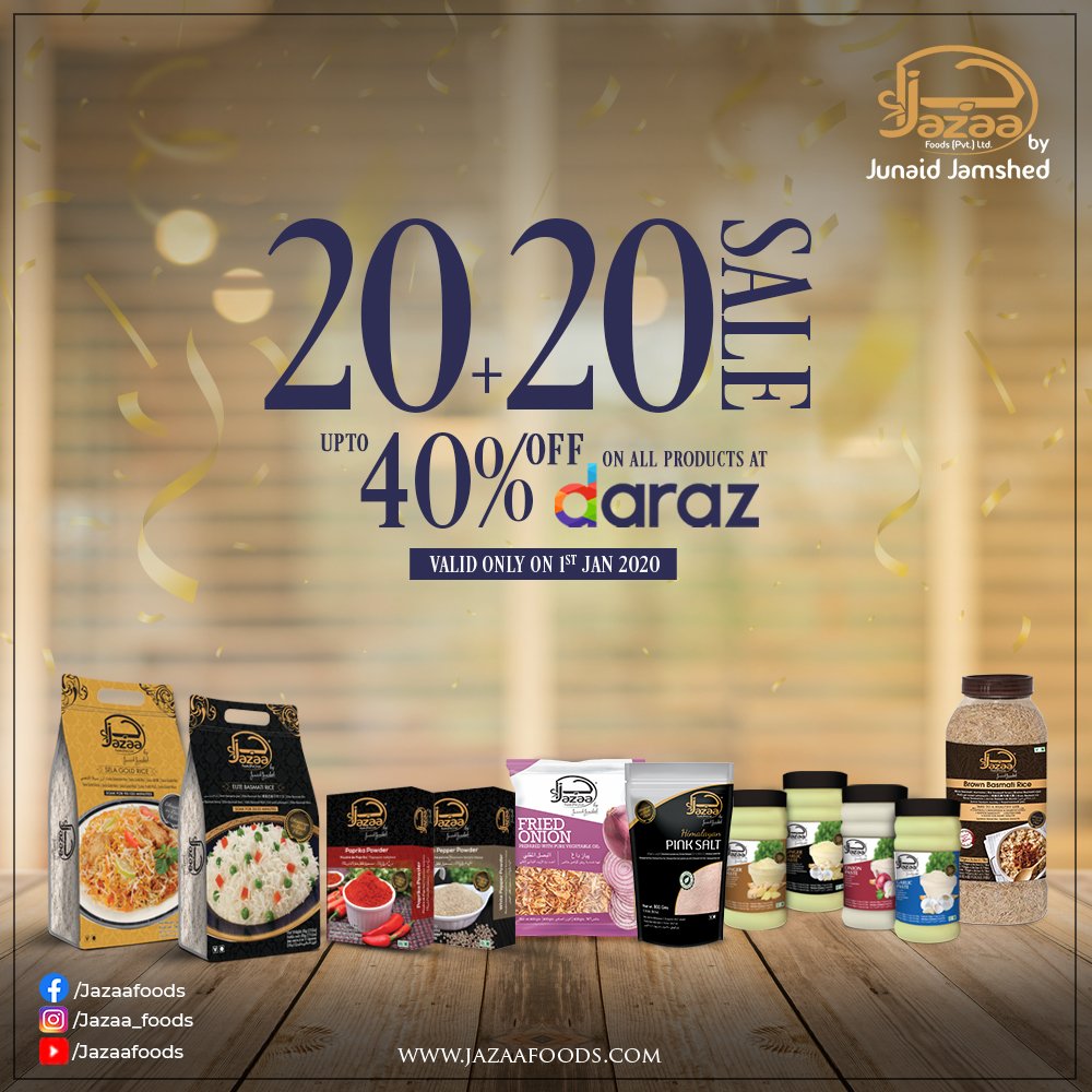 jazaaglobal's tweet photo. Aren’t you excited? We’ve got for you New Year’s present!
Avail upto 40% discount on all the Jazaa Food’s products at Daraz! Valid only for 1st-January’2020
#JazaaFoods #JunaidJamshed #JazaaCookbook #Daraz #UpTo40 #NewYearOffer https://t.co/ldGdPbGyPo