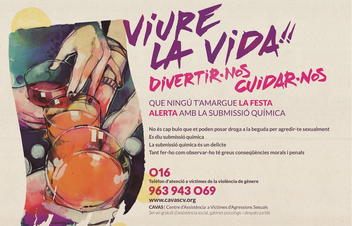 👉'Viure la vida, divertir-nos' és la campanya de <a href="/GVAivaj/">GVAivaj</a> per unes festes sense agressions sexuals perpetrades per submissió química.
👉 Per un espai festiu 🎉 basat en el respecte, la igualtat i la solidaritat 🤝   
Amb la col·laboració de <a href="/CavasCv/">CAVAS CV (ONG)</a> i el <a href="/ConsellJove/">Consell Valencià de la Joventut</a> 
👆