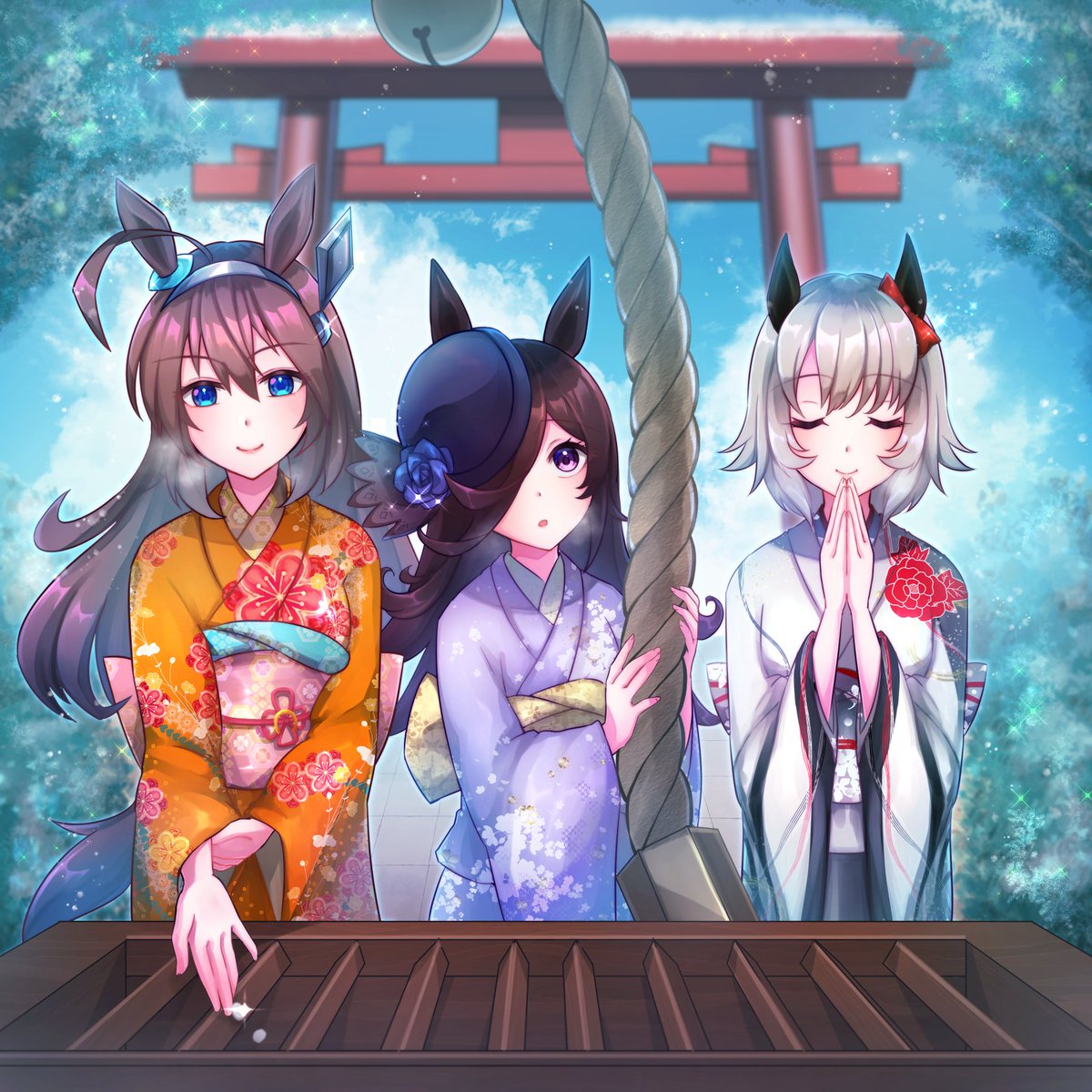 Dan ライスシャワー推し Na Twitterze みずのずみ氏 T Co Wbnxuap775 に新年 振り袖で神社へ参る ライスシャワー ミホノブルボン カレンチャン のイラストを描いていただいたので ヘッダーを変更しました 全員の振り袖がしっくり来る感じに仕上げて