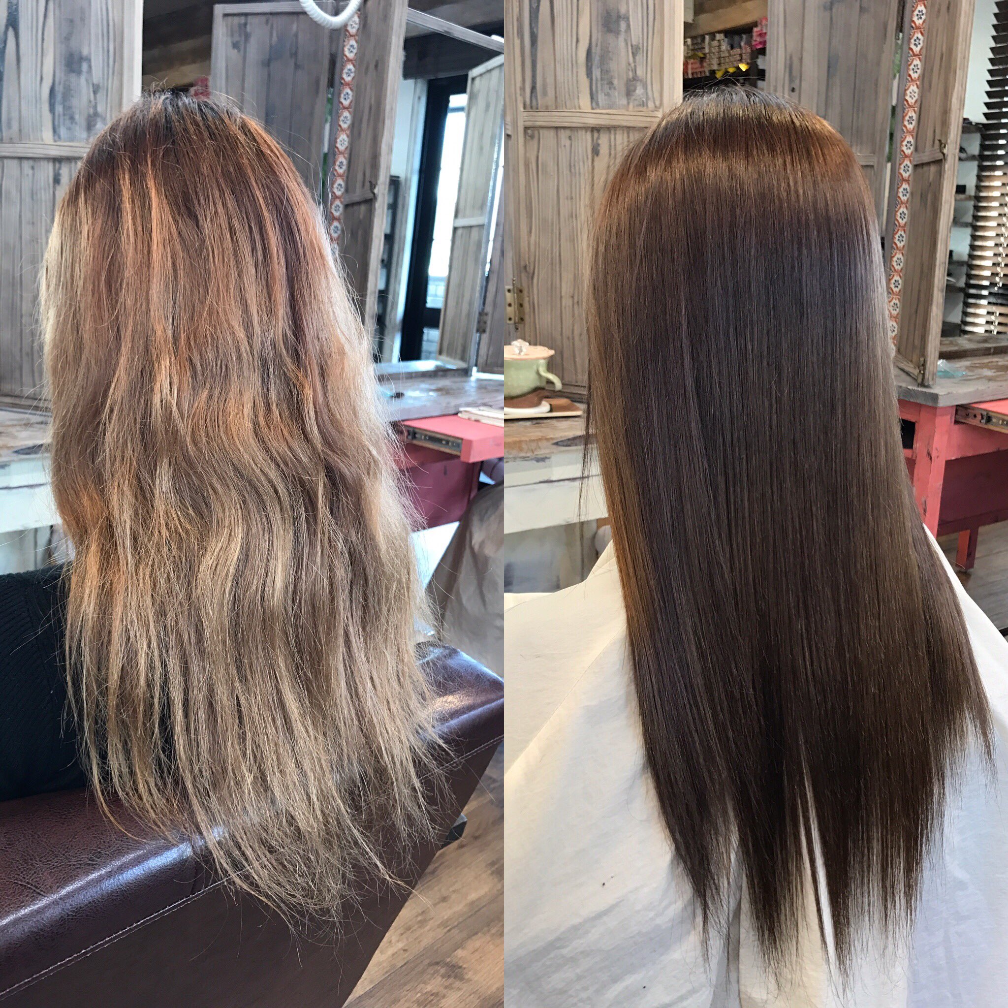 沖縄 美容室 メルコヘアデザイン 名嘉 泰則 ココナッツ矯正 カラー ブリーチでハイダメージのお客様 施術前のカウンセリングでリスクを説明 髪の体力少ないなかギリギリでの施術 カットなしで綺麗な艶髪ストレートになりまし メルコヘア