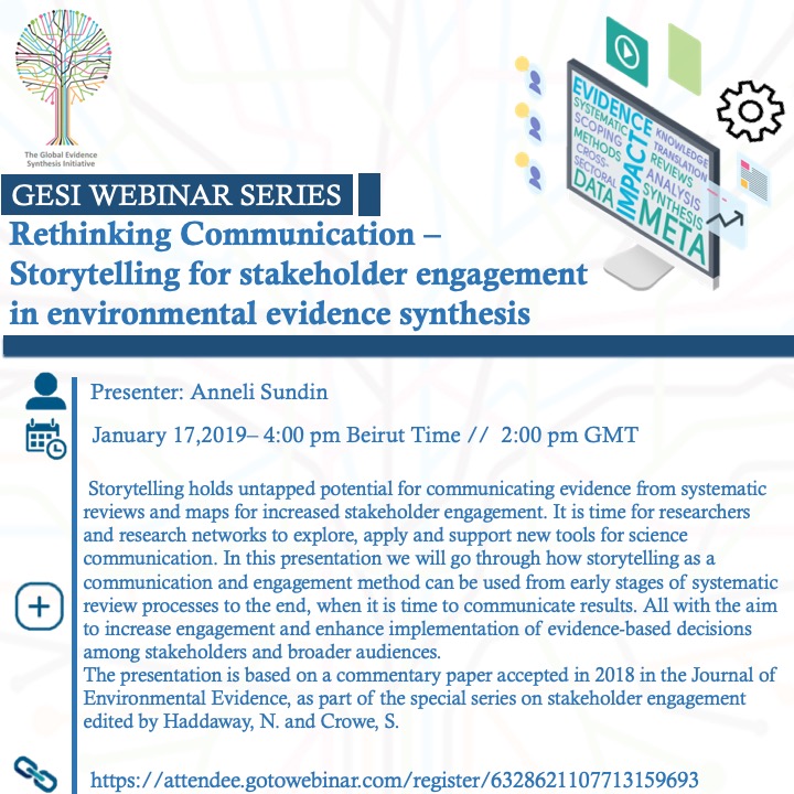 GESI_Initiative's tweet photo. Join us for an interesting #webinar on "Rethinking Communication – #Storytelling for #stakeholder_engagement in environmental #evidence_synthesis" by @anneli_sundin on January 17 at 2 PM GMT! #scicomm https://t.co/AN6Yppgnj0