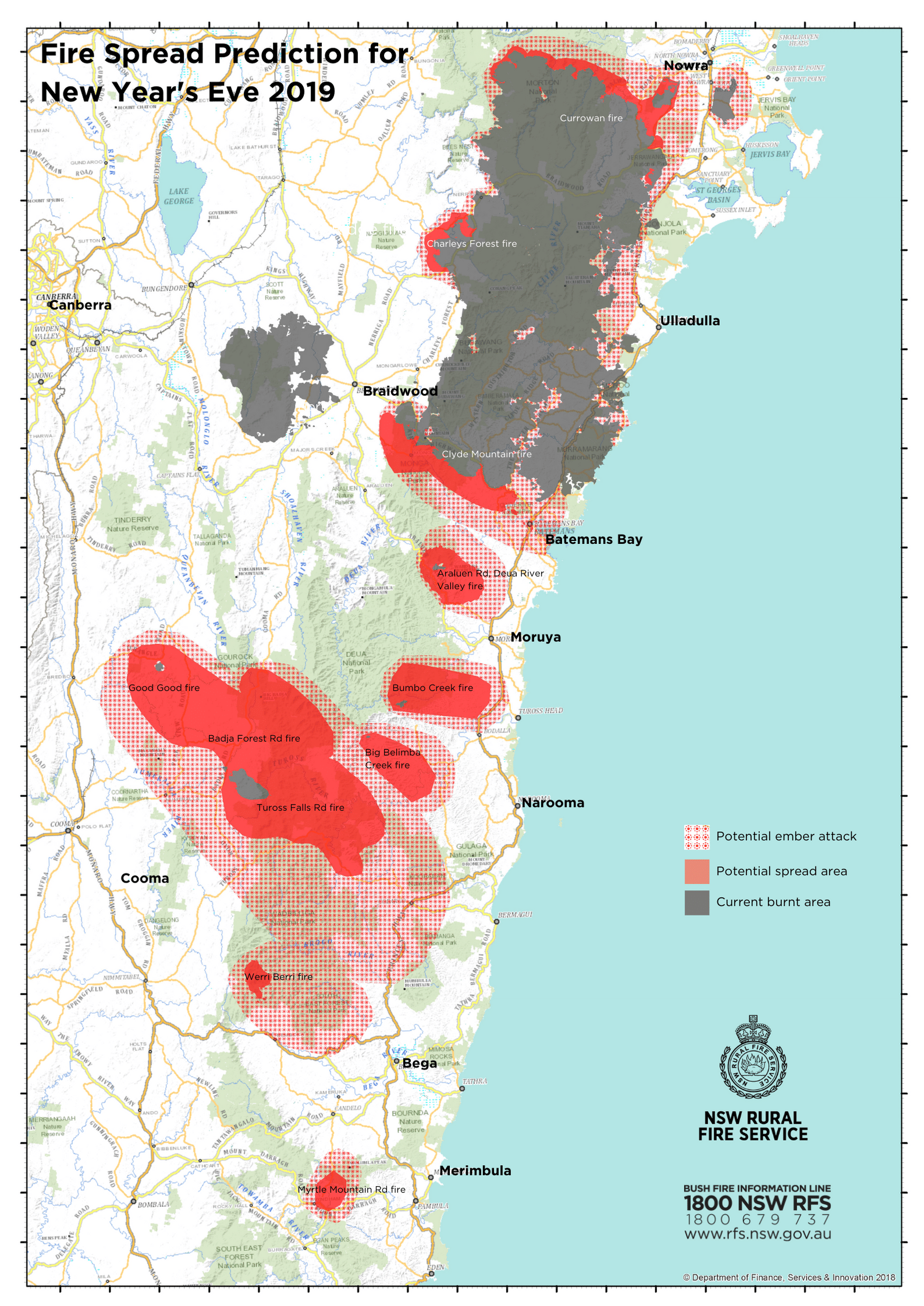 Map Of Nowra Nsw Nsw Rfs On Twitter: "Shoalhaven & Sth Coast Area: This Map Displays  Predicted Fire Spread For Nye 2019. The Map Indicates The Communities That  Are Expected To Come Under Threat From Embers