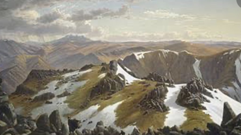 In the National Gallery of Australia, there’s a famous painting of the view from Mt Kosciuszko looking north, by Eugene Von Guerard. In the distance the huge monolithic peak is Mt Jagungal. I have spent the day approaching it and am on its western flank now  #AAWT