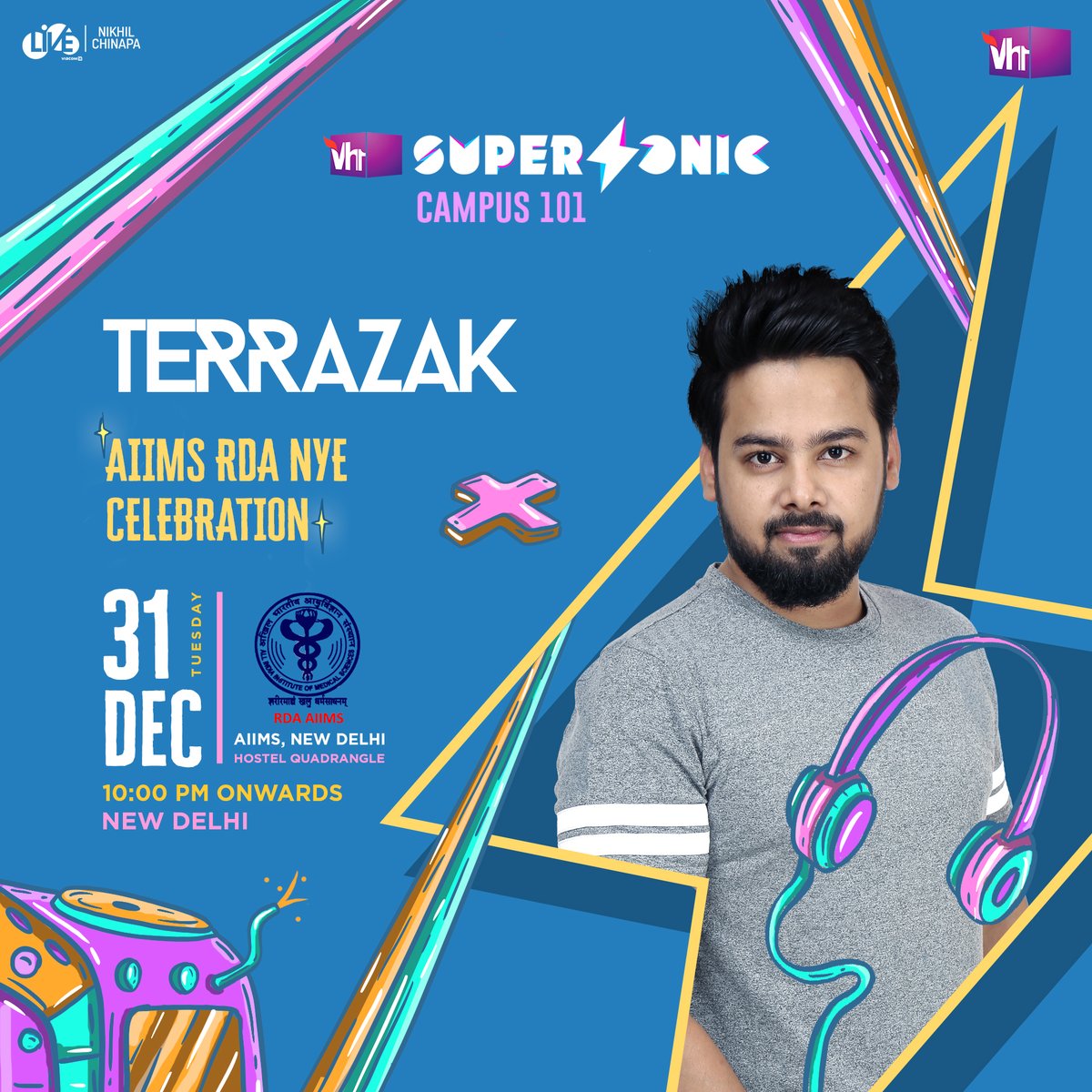 Vh1Supersonic's tweet photo. Let's bring in your New Year cheer with some bass-tastic sets by @itsTerrazak! Brace yourself for a new year's eve you'll be bragging about for all of 2020. See you at AIIMS, New Delhi. Get crackin' ⚡ https://t.co/Dlz5yFCWnX