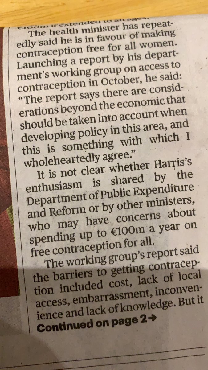 If you believe that Contraceptive Care should be made available free of charge to people who need it in Ireland (er....like it is in every other EU State 🤔🙃), please RETWEET this (front page ST yesterday). 

Simon Harris &amp; Co to be applauded in moving on this..