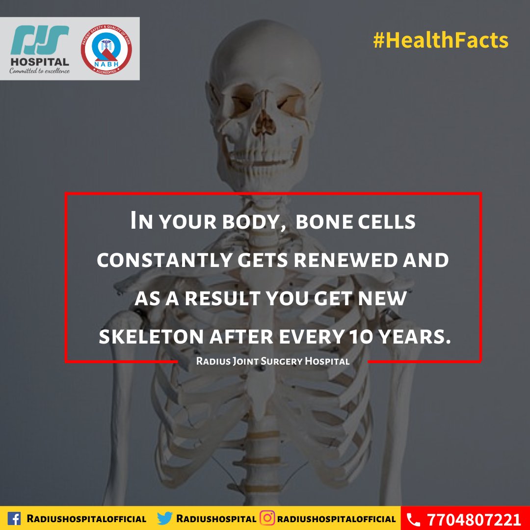 Radiushospital's tweet photo. In your body, bone cells constantly gets renewed and as a result you get new skeleton after every 10 years.
#HealthFacts #Cells #bones #skeleton #RadiusHospital #RadiusJointSurgeryHospital https://t.co/aETfJAkrhC