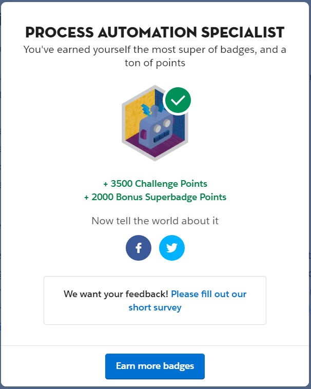ramsedutwit's tweet photo. Just earned the Process Automation Specialist #superbadge. Finally completed year end #goal as 4x #Superbadges earned.

#ProcessAutomationSpecialist #BESUPER #BESUPERQUEST #trailheadquests #Salesforce #Trailblazers #Trailhead #SalesforceOhana #keeplearning
@trailhead @salesforce https://t.co/ey7rD0C15p