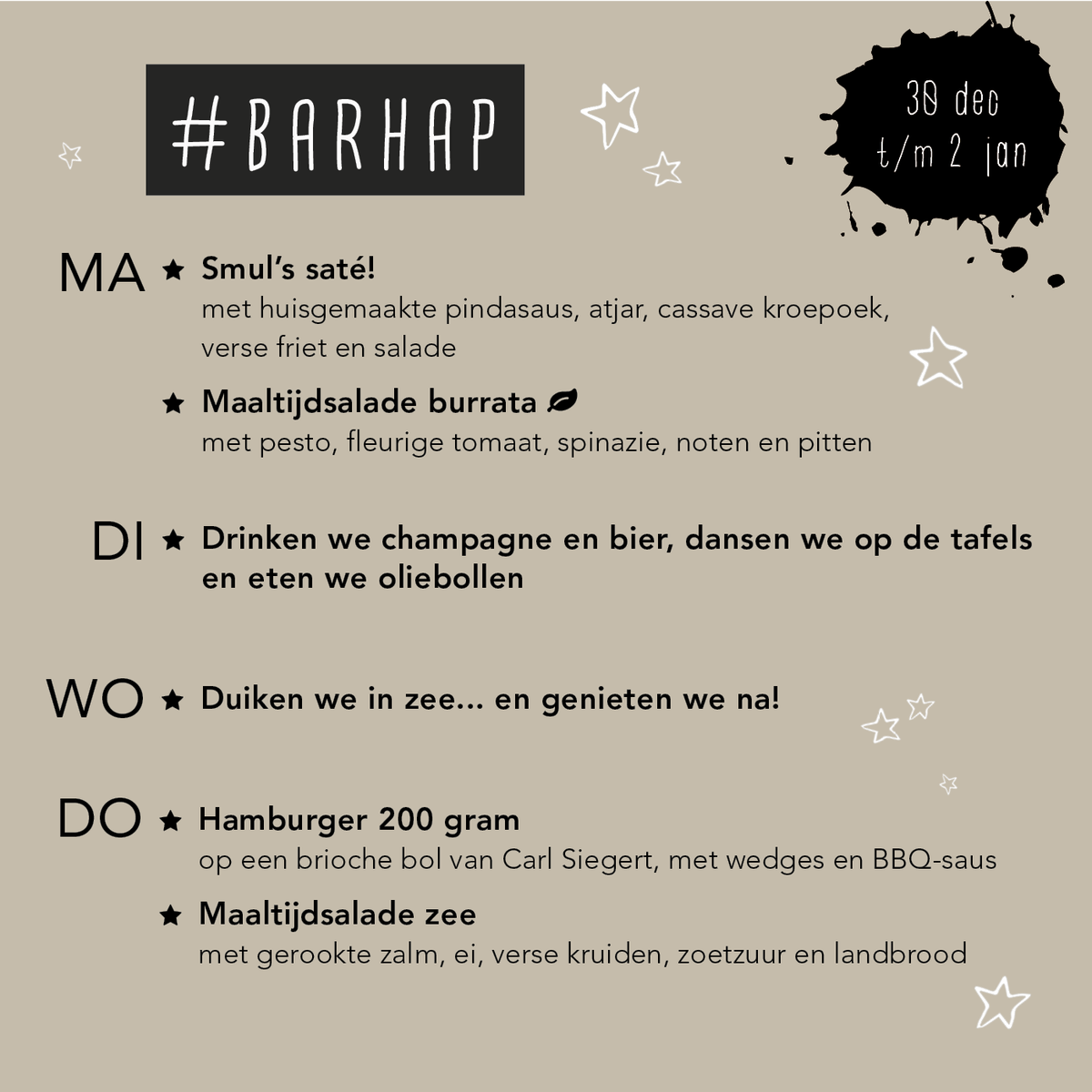 Smulpotlife's tweet photo. Op maandag de laatste #BARHAP van 2019! Dinsdag en woensdag zijn wij druk met champagne, oliebollen, proosten, vuurwerk, de nieuwjaarsduik en gezelligheid.✨ Op donderdag ben je weer van harte welkom aan onze bar! #etenaandebar #10europergerecht #smulpot #denburg #texel https://t.co/1kuGgBp1qZ