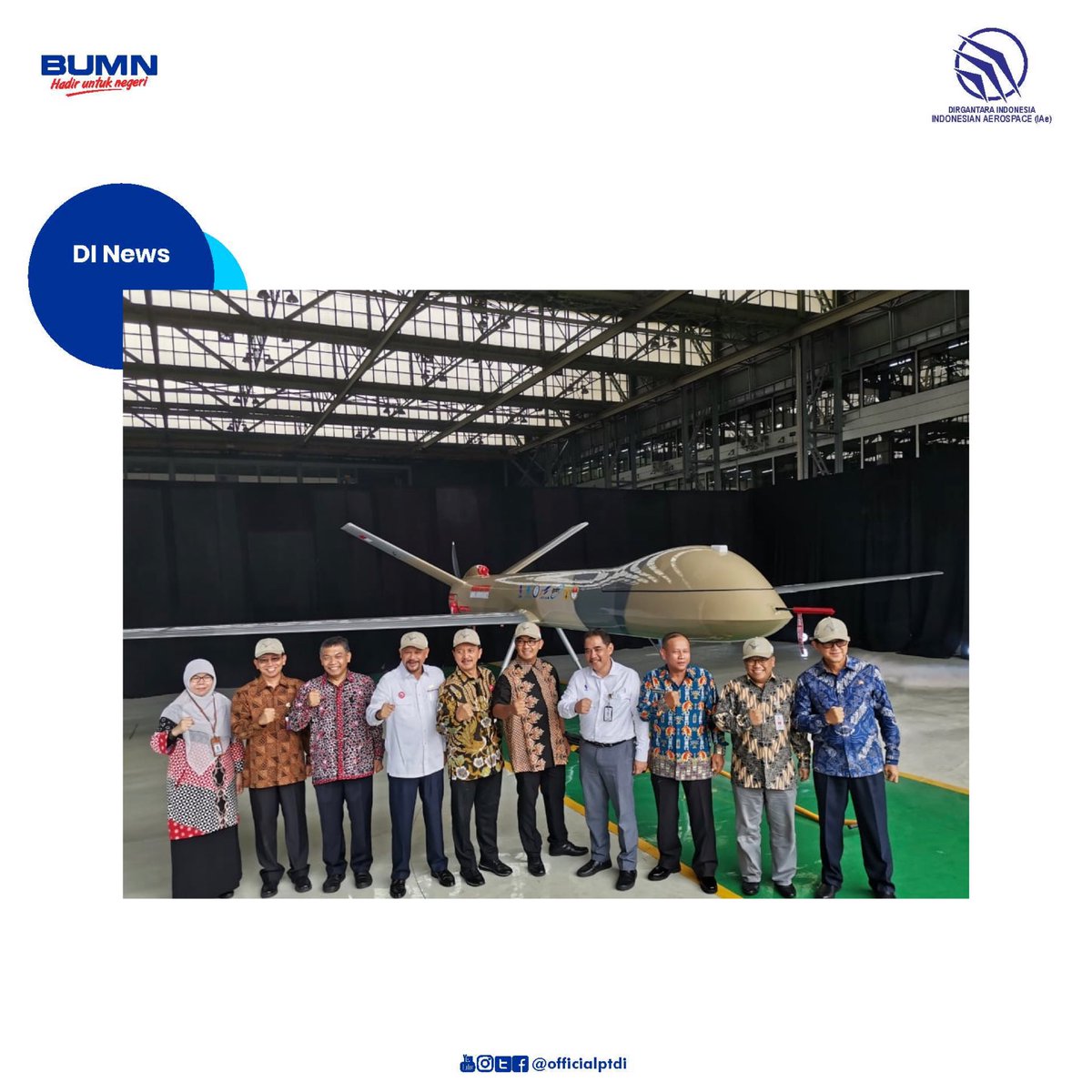 officialptdi's tweet photo. Bandung (30/12), Roll Out Pesawat Udara Nir Awak (PUNA) Male, produk hasil dari perjanjian kerja sama dalam bentuk Konsorsium antara Kemhan RI, BPPT, TNI, ITB, PTDI dan PT Len Industri (Persero) utk mendukung Pemenuhan Produk Alpalhankam &amp; kesiapan Industri Pertahanan. https://t.co/tRnRRvjnW3