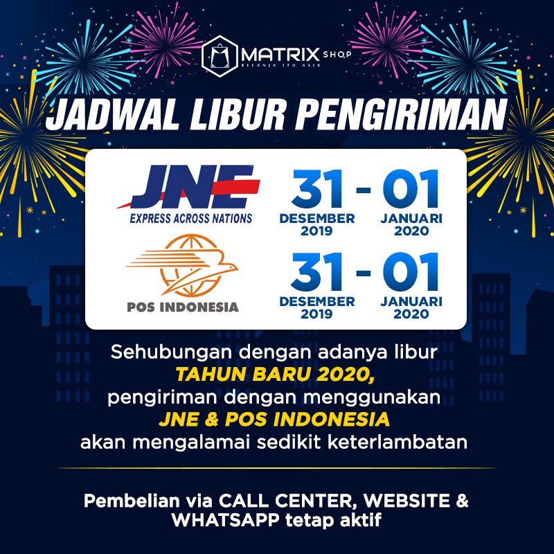 Matrix_shopping's tweet photo. Sehubungan dengan libur dan cuti bersama Tahun Baru 2020, terhitung mulai tanggal 31 Desember 2019- 1Januari 2020 diinformasikan adanya keterlambatan pengiriman.
Proses pengiriman akan normal kembali tanggal 2 Januari 2020.

#matrixshop #homeshopping #belanjaonline #tahunbaru2020 https://t.co/C6DgmVO6qt
