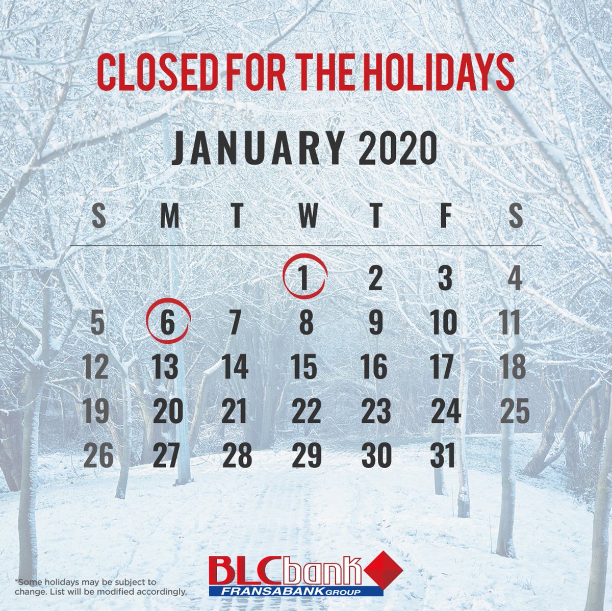 We are closed on Wednesday, January 1st and on Monday January 6th, 2020. Happy Holidays!