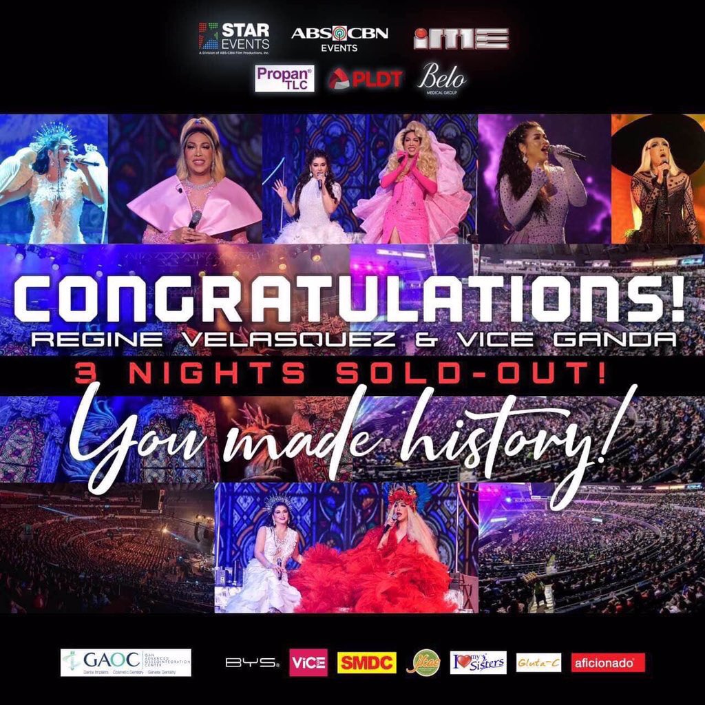 RegineFacts's tweet photo. DECADE RECAP: The Songbird and The Songhorse is this decade’s HIGHEST SELLING COLLABORATION CONCERT. Regine Velasquez and Vice Ganda made history for selling out Araneta Coliseum for 3 consecutive nights  (28,000+ total attendance). @reginevalcasid @vicegandako 

#Howsyourfave? https://t.co/wsnNTc6ymw