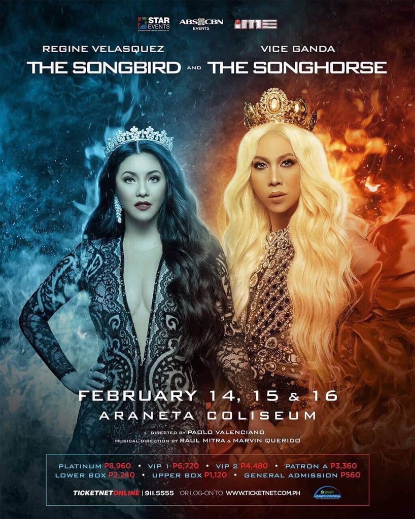 RegineFacts's tweet photo. DECADE RECAP: The Songbird and The Songhorse is this decade’s HIGHEST SELLING COLLABORATION CONCERT. Regine Velasquez and Vice Ganda made history for selling out Araneta Coliseum for 3 consecutive nights  (28,000+ total attendance). @reginevalcasid @vicegandako 

#Howsyourfave? https://t.co/wsnNTc6ymw