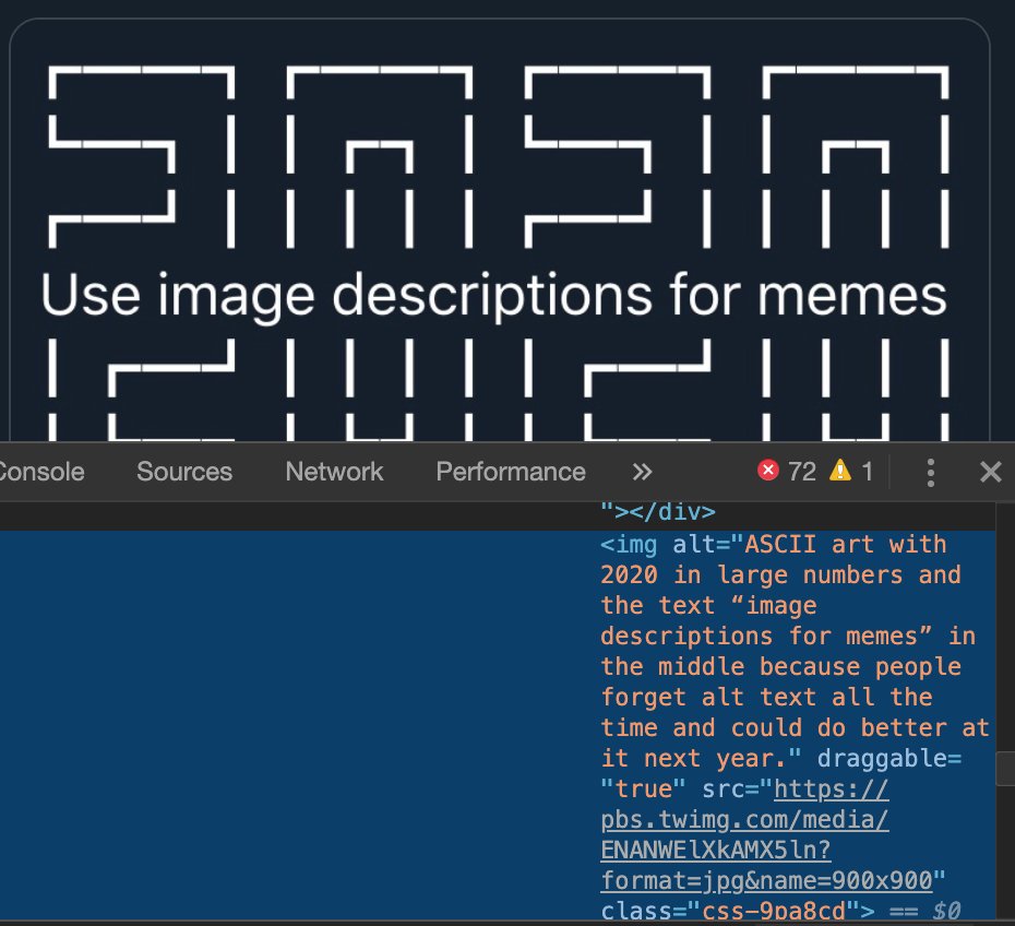 Screenshot of the Chrome Devtools to show that the picture of the main tweet of this thread have an `alt` attribute containing the image description.