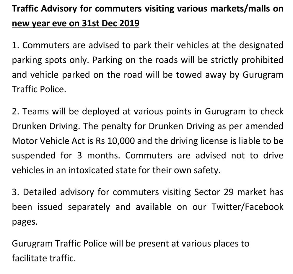 Gurugram Traffic Police (@trafficggm) on Twitter photo Traffic Advisory for commuters visiting various markets/malls on new year eve on 31st Dec 2019
<a href="/dcptrafficggm/">DCP Traffic Gurugram</a> <a href="/gurgaonpolice/">Gurugram Police</a> <a href="/Akhilkumarboxer/">Akhil kumar</a> <a href="/HTGurgaon/">HT Gurugram</a> <a href="/htTweets/">Hindustan Times</a> <a href="/thetribunechd/">The Tribune</a> <a href="/the_hindu/">The Hindu</a> <a href="/TOIGurgaon/">TOI Gurgaon</a> <a href="/DainikBhaskar/">Dainik Bhaskar</a> <a href="/JagranNews/">Dainik Jagran</a> Traffic Advisory for commuters visiting various markets/malls on new year eve on 31st Dec 2019
<a href="/dcptrafficggm/">DCP Traffic Gurugram</a> <a href="/gurgaonpolice/">Gurugram Police</a> <a href="/Akhilkumarboxer/">Akhil kumar</a> <a href="/HTGurgaon/">HT Gurugram</a> <a href="/htTweets/">Hindustan Times</a> <a href="/thetribunechd/">The Tribune</a> <a href="/the_hindu/">The Hindu</a> <a href="/TOIGurgaon/">TOI Gurgaon</a> <a href="/DainikBhaskar/">Dainik Bhaskar</a> <a href="/JagranNews/">Dainik Jagran</a>