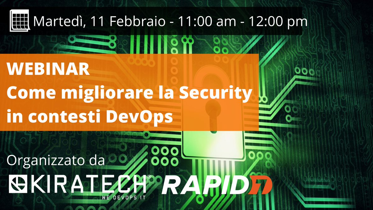 kiratech's tweet photo. Come colmare il gap di #sicurezza all'interno di organizzazioni che hanno implementato la metodologia #DevOps? 🛡️⚙️Adottando un approccio #DevSecOps e le giuste piattaforme di #security! Scopri di più l'11 FEBBRAIO durante il WEBINAR con @rapid7 
https://t.co/oH6Nf3Qisy https://t.co/bWVSXQfvMG