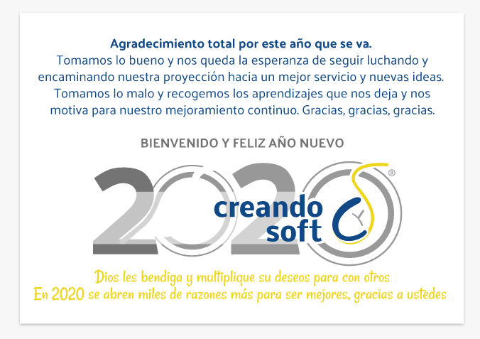 creandosoft's tweet photo. Bienvenido y feliz año nuevo 2020. Les deseamos de corazón mucha salud, amor y prosperidad. Estamos seguros que serán muchos más proyectos los que nos seguirán uniendo! https://t.co/XXse8rBfUw