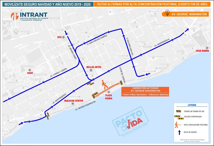 #AVISO | 🚧 Conoce las rutas alternas por cierre vehicular en la Av. George Washington, tramo C/ San Gerónimo - C/ Socorro Sánchez, que se realizará hoy a partir de las 12:00 m., hasta el jueves 2 de enero 2020, debido a evento de fin de año. | #PactoPorLaVidaRD.  <a href="/INTRANT_RD/">Instituto Nacional de Tránsito y Transporte</a>