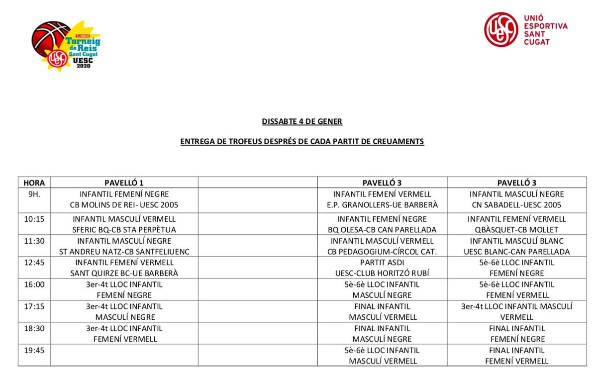 UESC_SantCugat's tweet photo. Ja tenim els calendaris definitius dels partits del #TorneigReisUESC2020 !👑🏀 Aneu escalfant motors equips, queda ben poc🤩

Manteniu-vos ben informats a les nostres XXSS i a la notícia de la web👉 https://t.co/FfcXPAO53L

🔴#goUESC #ThisIsUESC⚫️ https://t.co/fiR5GmhFns