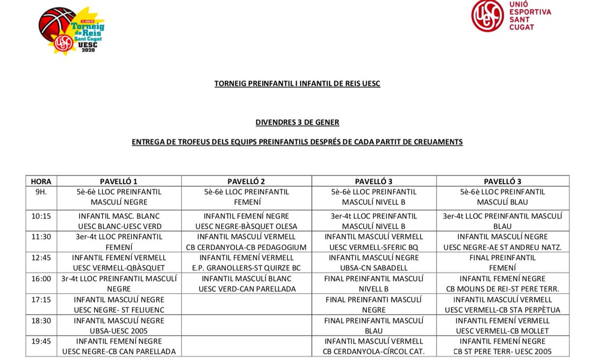 UESC_SantCugat's tweet photo. Ja tenim els calendaris definitius dels partits del #TorneigReisUESC2020 !👑🏀 Aneu escalfant motors equips, queda ben poc🤩

Manteniu-vos ben informats a les nostres XXSS i a la notícia de la web👉 https://t.co/FfcXPAO53L

🔴#goUESC #ThisIsUESC⚫️ https://t.co/fiR5GmhFns