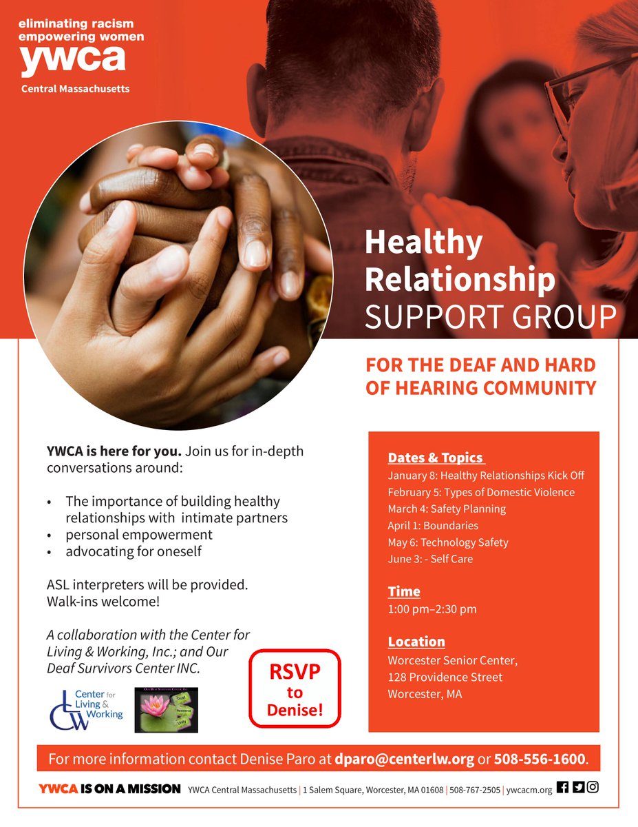 NWH_DVSA's tweet image. Our colleagues @ODSC2 are holding #HealthyRelationships groups starting in January. Walk-ins are welcome. #ASLInterpreters will be provided for all groups. #DeafSurvivors #HardOfHearingSurvivors #DeafCommunity @YWCACentralMass