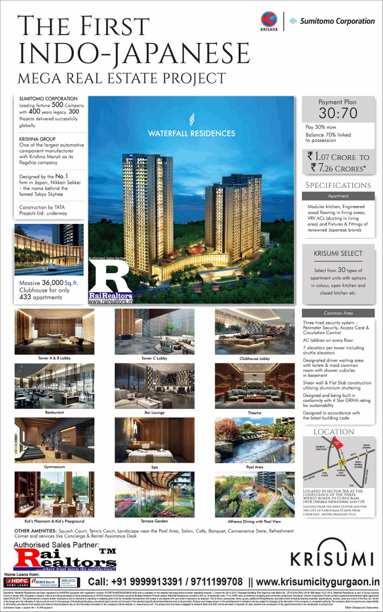 rairealtors's tweet photo. #Krisumi #WaterfallResidences at #KrisumiCity #Gurgaon has 3 #highrisetowers with #2LDK #3LDK #apartments. #KrisumiCityGurgaon is joint venture of #SumitomoCorporation &amp; #KrishnaGroup masterplan by #NIKKENSEKKEI #RealEstate #LuxuryRealEstate. More details https://t.co/lV6xuMOydB https://t.co/VPeOjcm4aQ