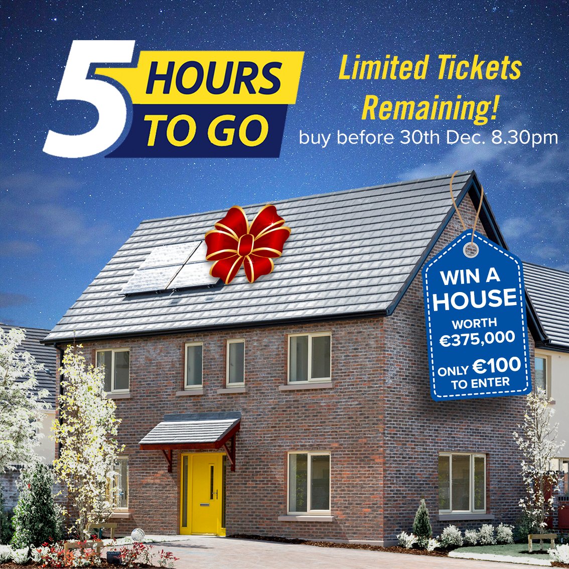 ⏰ 5 HOURS TO GO!! 😮⏰  Get your ticket 🎟 before its too late at winindublin15.ie or at the Hotel Kilmore until 8.30pm today! 🎟🎁 Someone will win a House worth €375,000! 🥳 Cash prizes also 💶 #winindublin15