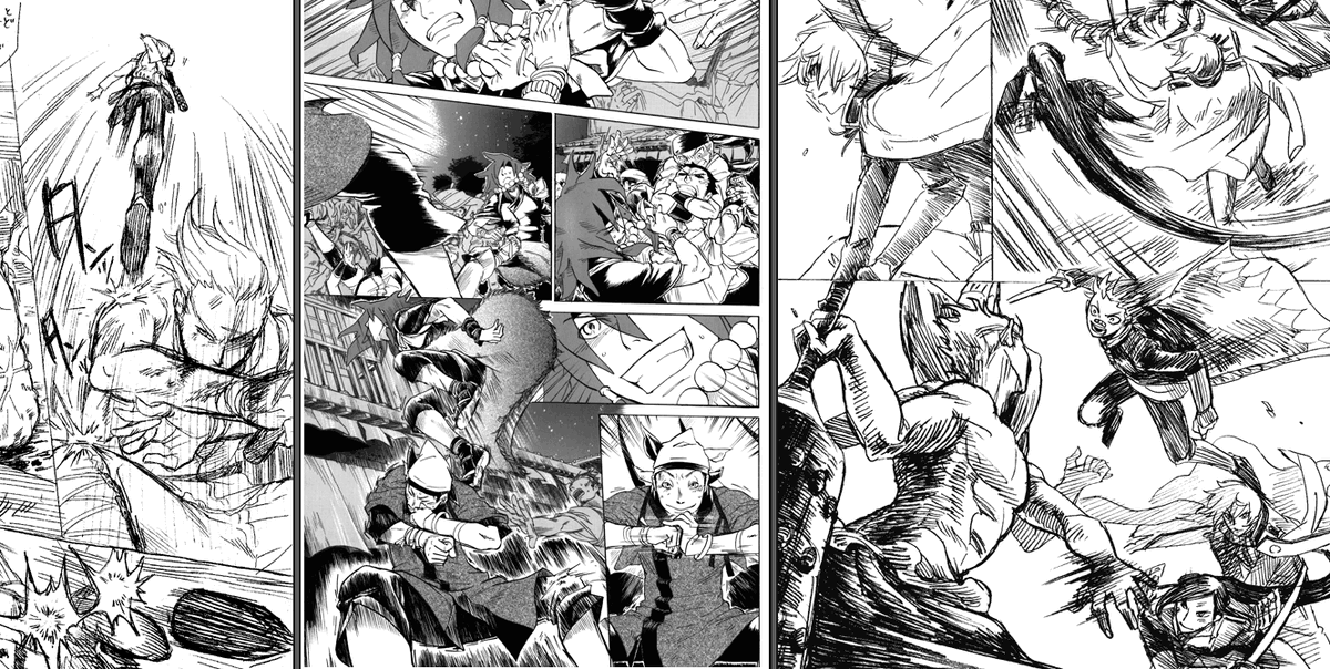 今までのバトル漫画で描いた「味方を踏み台にして高くジャンプ」集めてきた~
左からFF12のパイルラスタ戦、オリジナルの祭りまんが、兄者の鬼退治まんが。
なんか他にもあった気がする。。。