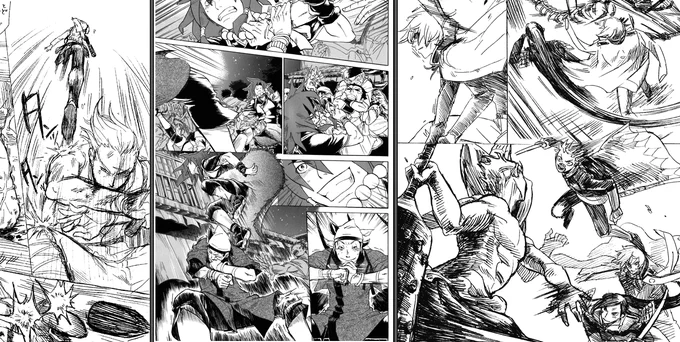 今までのバトル漫画で描いた「味方を踏み台にして高くジャンプ」集めてきた～
左からFF12のパイルラスタ戦、オリジナルの祭りまんが、兄者の鬼退治まんが。
なんか他にもあった気がする。。。 