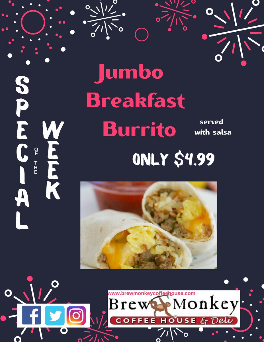 BrewMonkeySLC's tweet photo. #brewmonkeycoffee #brewmonkey #coffee #deli #specialoftheweek #breakfast #jumbobreakfastburrito #newyearspecial #magna https://t.co/6RafEptY6v