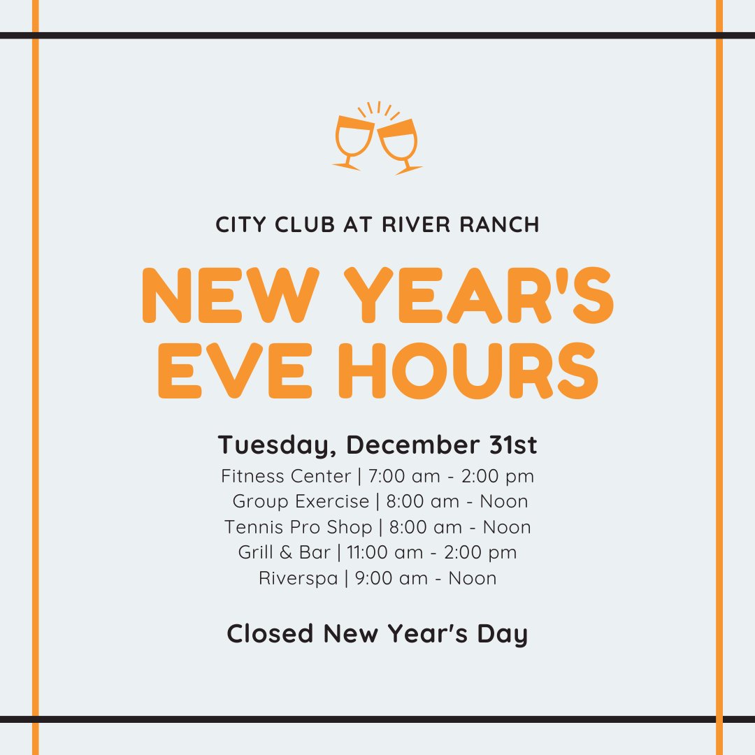 CityClubRR's tweet photo. City Club New Year's Holiday Hours of Operation

Tuesday, December 31st
Fitness Center | 7:00 am - 2:00 pm
Group Exercise | 8:00 am - Noon
Tennis Pro Shop | 8:00 am - Noon
Grill &amp; Bar | 11:00 am - 2:00 pm
Riverspa | 9:00 am - Noon

Closed New Year's Day https://t.co/YsetiaYq6j