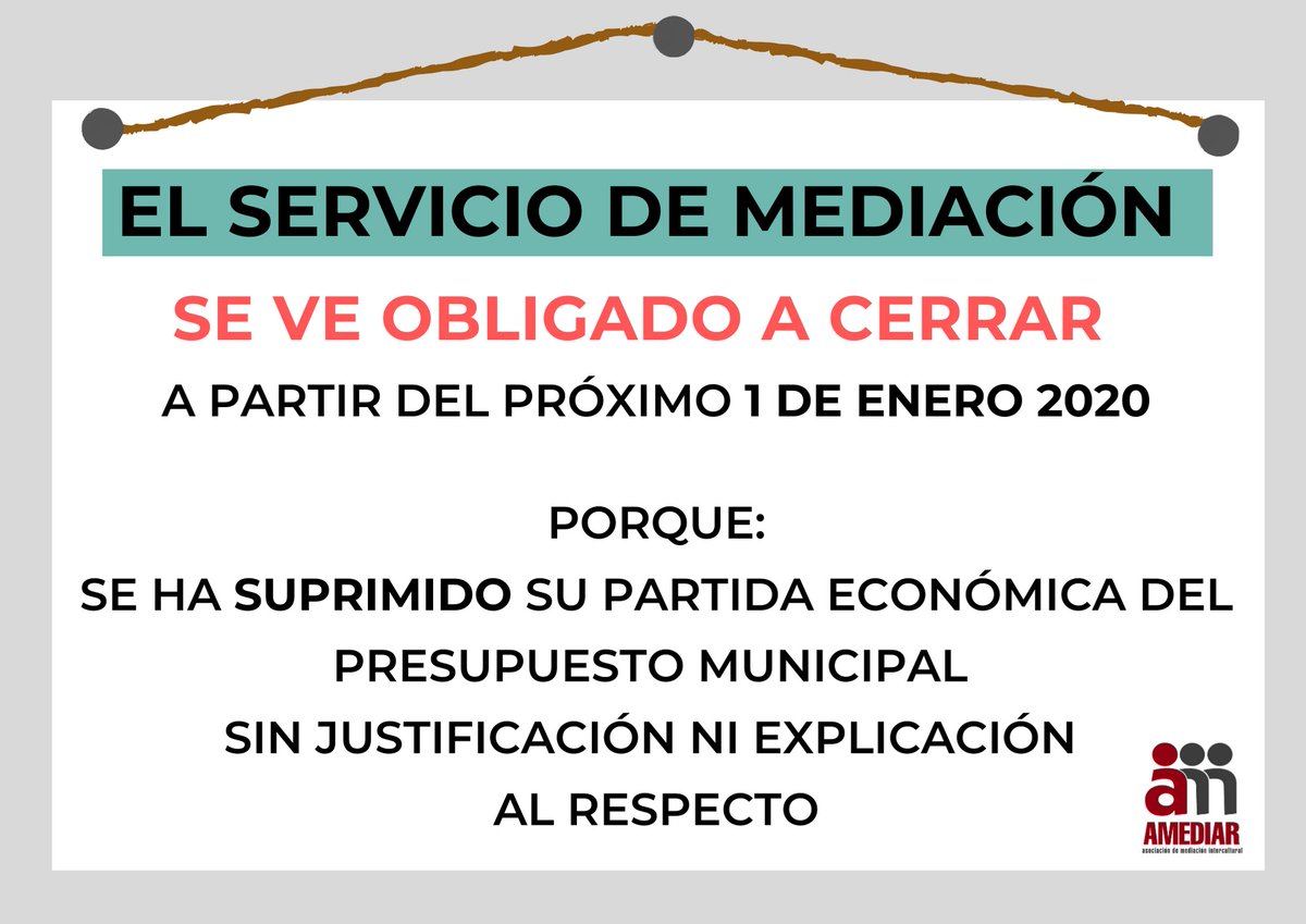 AmediarAsoc's tweet photo. Ante esta situación, y la falta de una explicación por parte del Consejero de Acción Social #AngelLorén de @ppaytozaragoza (aún no nos ha recibido), nos vemos obligadas a cerrar el Servicio de Mediación a 1 de enero de 2020 y rescindir todos los contratos laborales del equipo. https://t.co/rmj6c6H48m