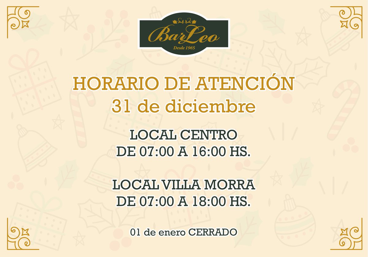 Barleo_py's tweet photo. HORARIO DE ATENCIÓN PARA EL 31 DE DICIEMBRE 🎉 https://t.co/CHdmADb4nP