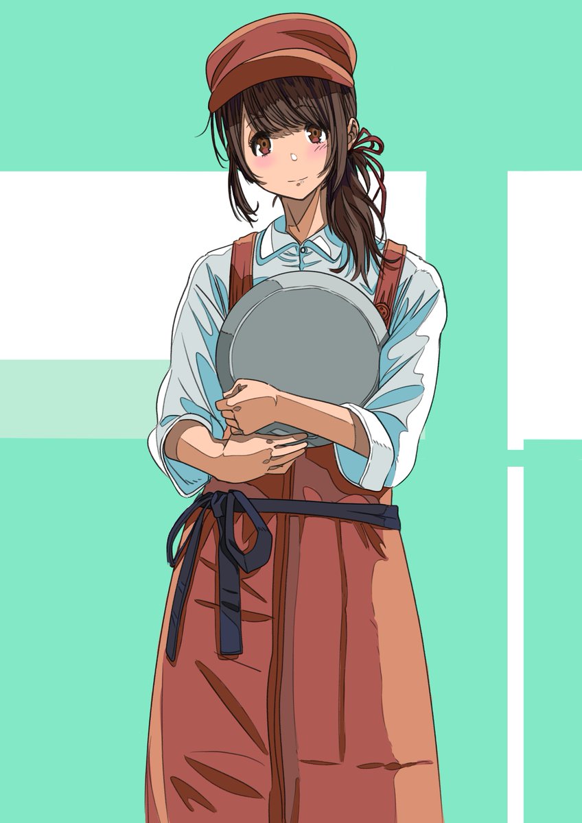 1girl solo shirt tray apron brown eyes holding  illustration images