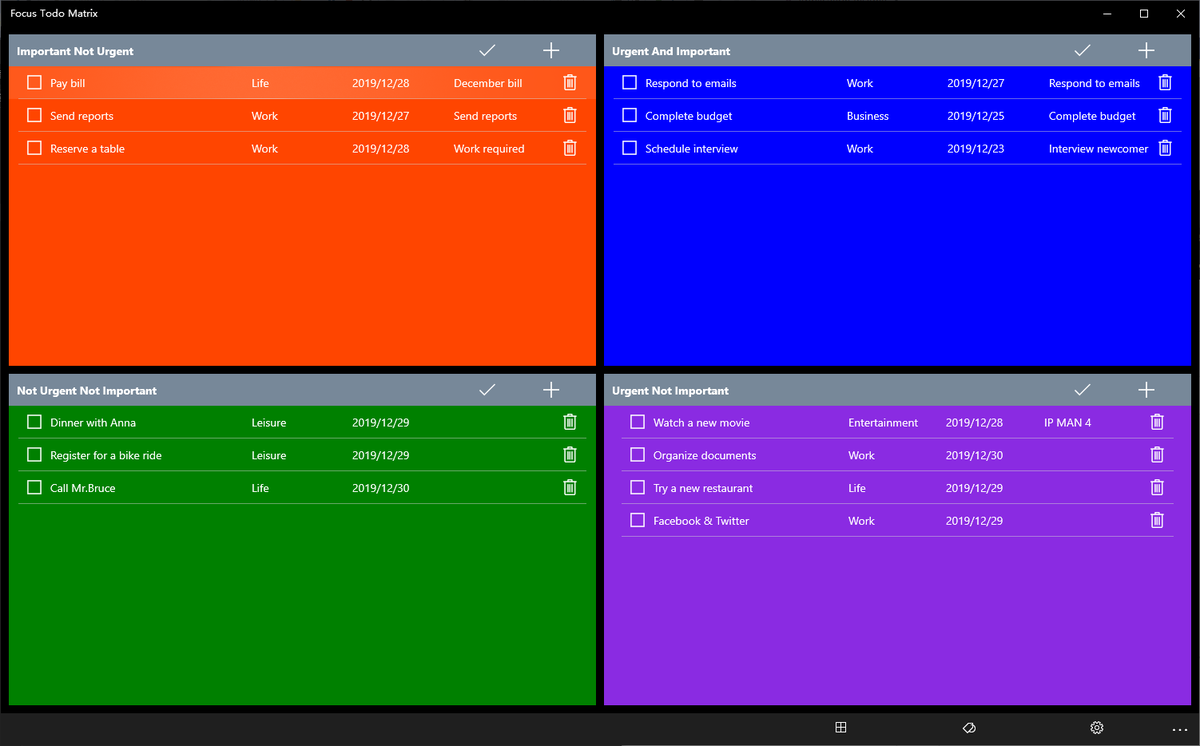 EternalLabsApps's tweet photo. Focus Todo Matrix - Priority to-do list , four-quadrant rule-based task manager.

FocusTodo contains four important parts:

1 - Urgent and important
2 - Important is not urgent
3 - Urgent is not important
4 - not urgent, not important

Microsoft Store:
https://t.co/xFblMI3HtK https://t.co/CNscN45RXo