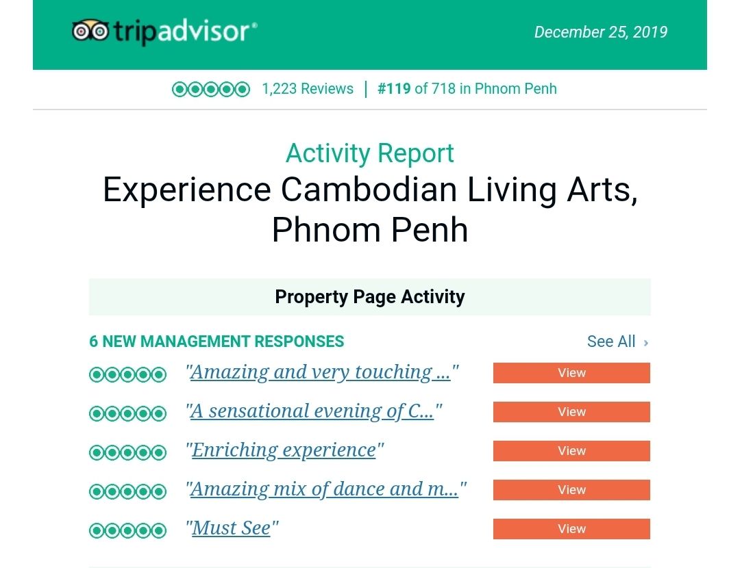 This is such beautiful moment before the end of 2019. ✨🎉 Thank you everyone for your love and support on our Dance Show and Dance Workshop. These positive feedbacks are our energy resources to keep giving our best.  😊
#ECLA #TripAdvisorReview #CambodianDanceShow