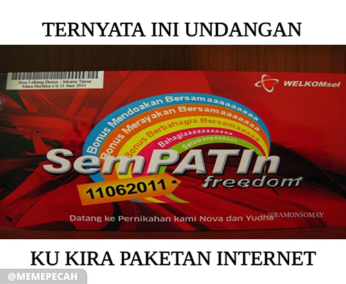 KabelRidwan's tweet photo. jadi pengen cepet nikah
#undangan #nikahmuda #paketdata50k #simpati #telkomsel #Internet #InternetSpeed #memes2019 #memesdaily https://t.co/lHJDMLw4uB