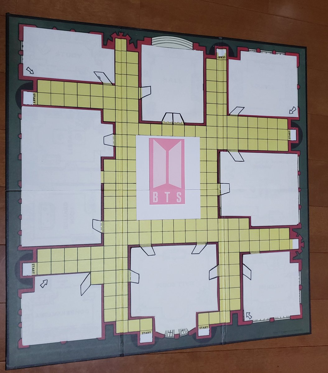 RevueOfGames's tweet photo. My friends and I had an end-of-the-year party and I repurposed a Clue game to make a Magic Shop game. I made the board, pieces, and cards. When we played, the killer of ARMYs hearts was Namjoon at a concert with a cute attack. @BTS_twt #bts https://t.co/9V66EIZ3XM