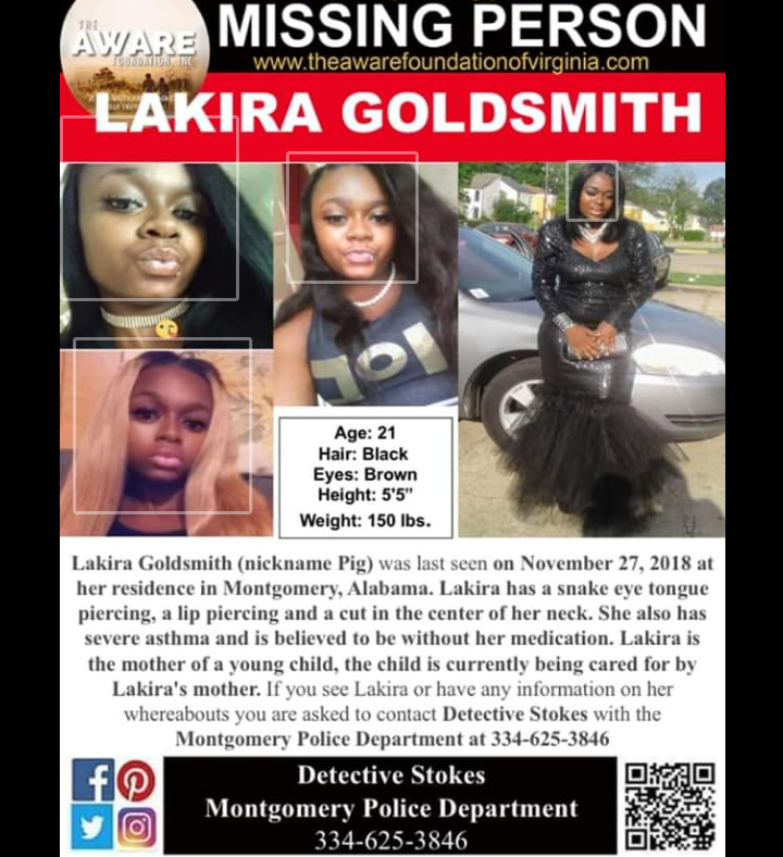 cheok33's tweet photo. #LakiraGoldsmith #MissingMother #TeamFindPigg #MontgomeryAlabama #retweet #share #repost
@El_Philthmoor @TheShadeRoom @shaderoomteens @tylerperry @balleralert @TeaTenders @_YungBleu @RubberbandOG https://t.co/zOlhzoLGjH