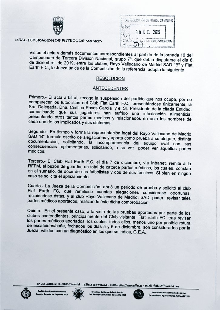 RayoVallecano's tweet photo. Resolución de la Jueza única de Competición en relación al Rayo Vallecano B - @FlatEarth_FC. https://t.co/JyEA7JkDpd